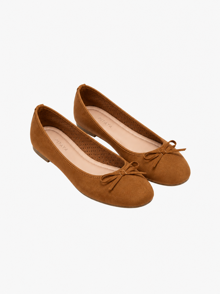 Dora Bow Ballerina - Faux Suede Camel