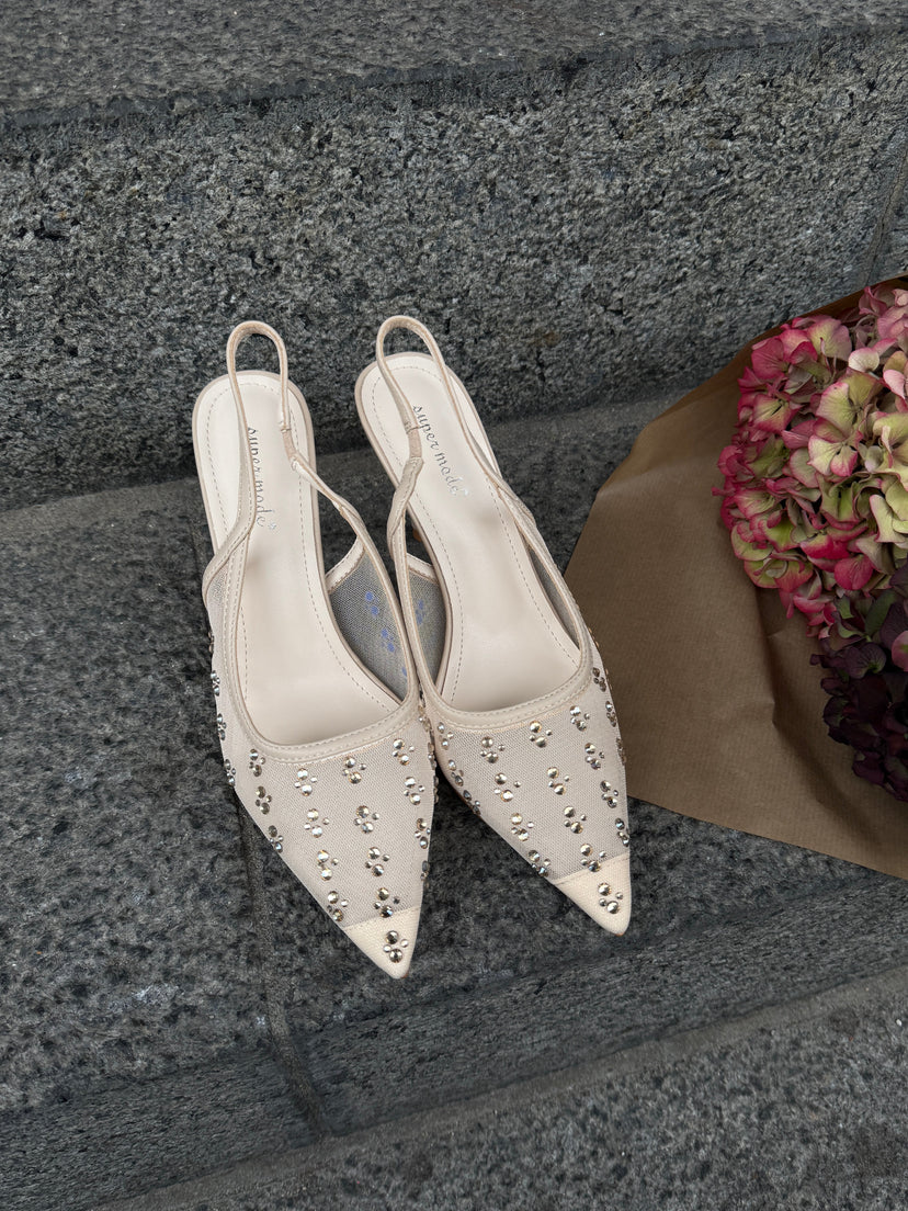Felia Crystal Mesh Heels - Beige